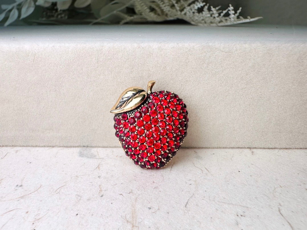 Monet Apple Brooch, Vintage Rhinestone Apple Pin, Designer Vintage Fruit Broach, Gold with Rhinestones