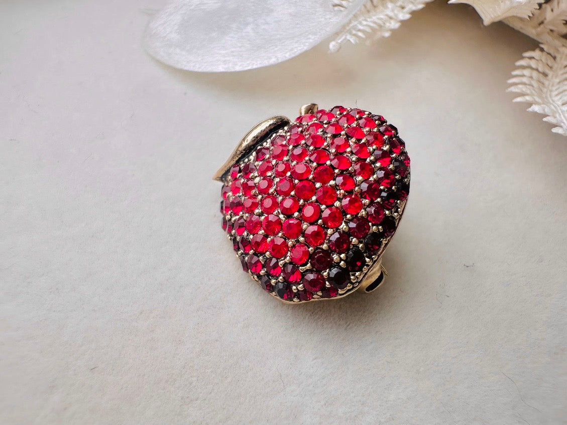 Monet Apple Brooch, Vintage Rhinestone Apple Pin, Designer Vintage Fruit Broach, Gold with Rhinestones