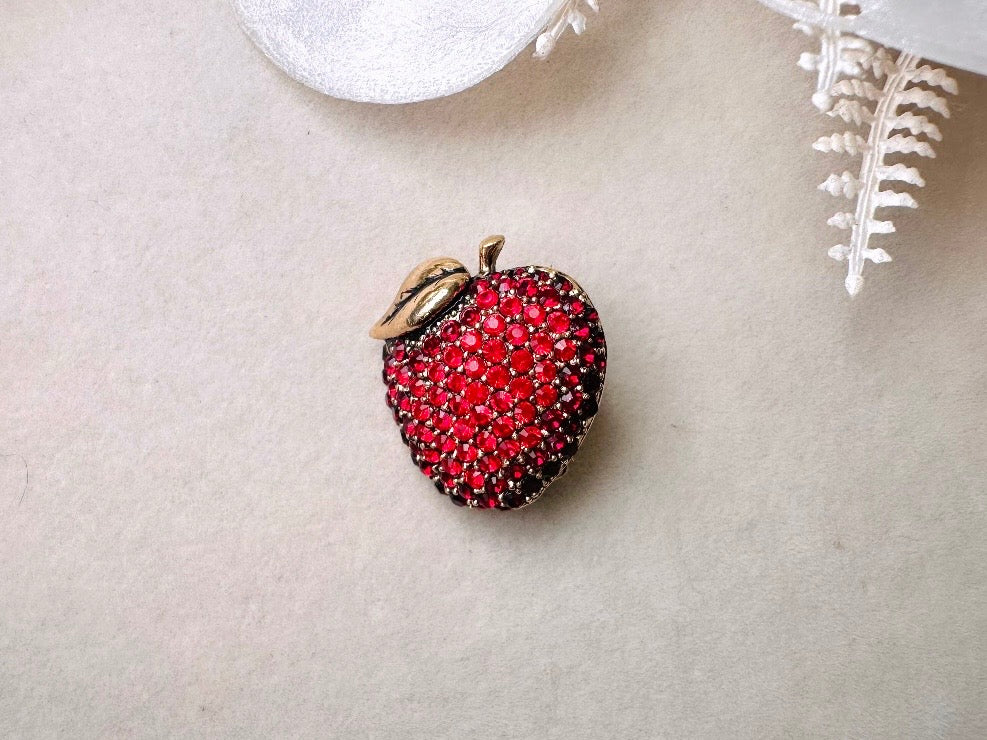 Monet Apple Brooch, Vintage Rhinestone Apple Pin, Designer Vintage Fruit Broach, Gold with Rhinestones
