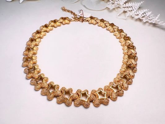 Monet Gold Star Necklace, Rare 1950s Runway Statement Collar Necklace, Diamond Dusted Sea Star Necklace with Original Tags