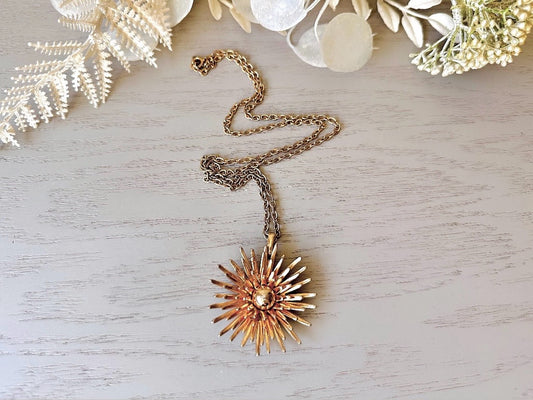 Monet Pendant Necklace, Gold Starburst Vintage Necklace, Monet Necklace with Intricate Sun Pendant, Signed 1960s Atomic Sunburst Necklace from Piggle and Pop