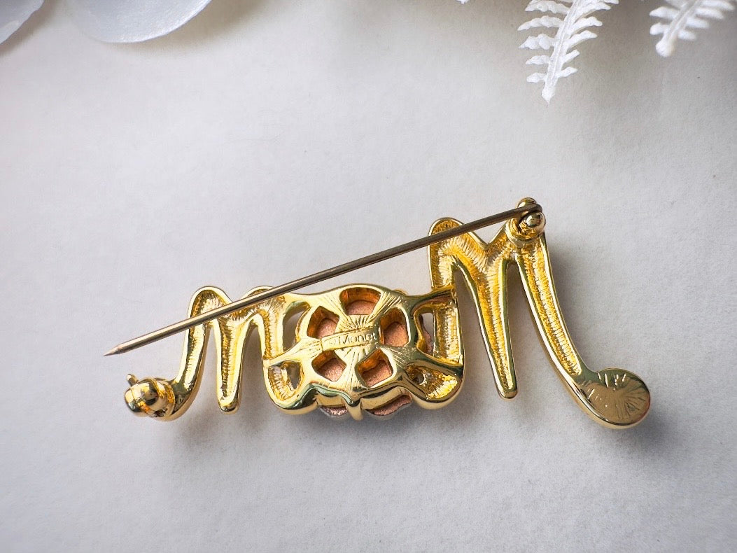 Monet Vintage Gold Brooch, Frosted White Flower Diamond Rhinestone Accents 1