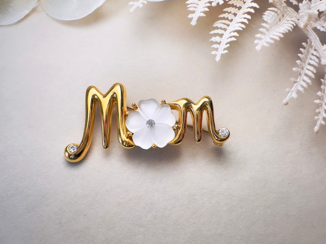 Monet Vintage Gold Mom Brooch, Frosted White Flower Diamond Rhinestone Accents