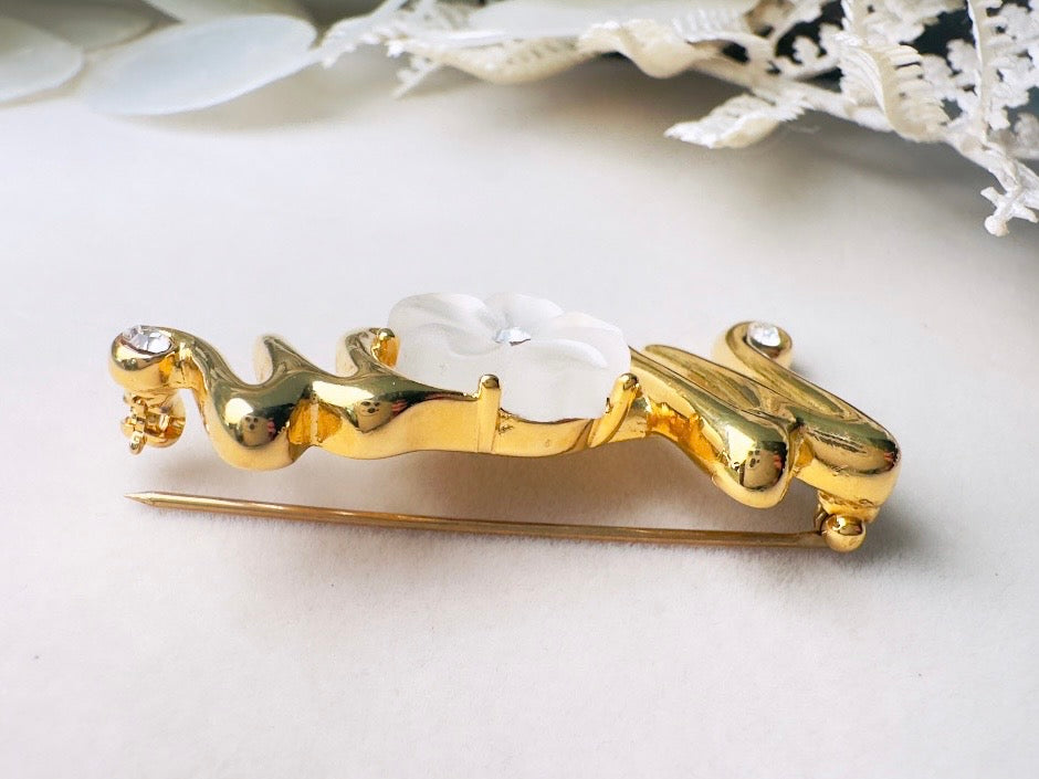 Monet Vintage Gold Brooch, Frosted White Flower Diamond Rhinestone Accents 