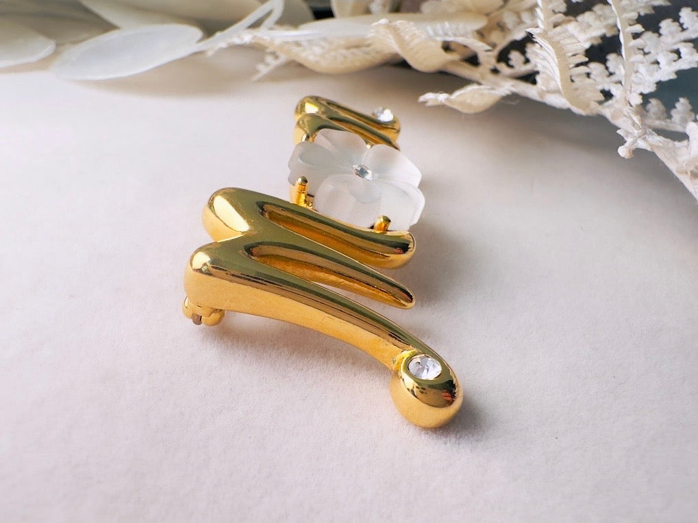 Monet Vintage Gold Brooch, Frosted White Flower Diamond Rhinestone Accents 