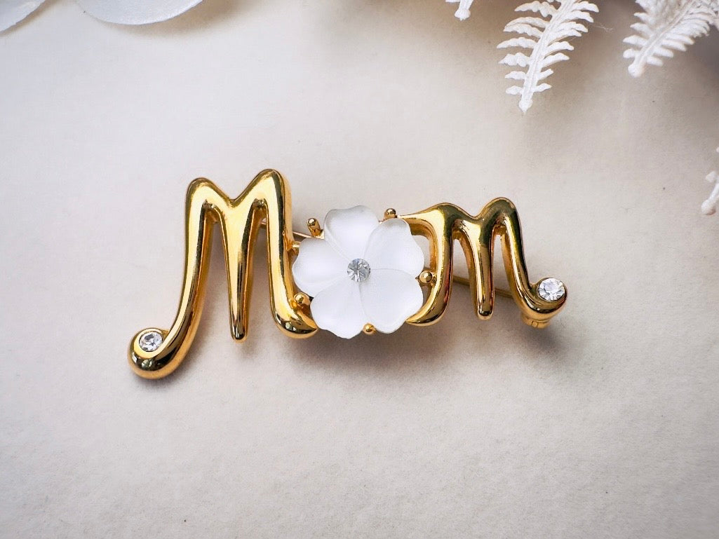 Monet Vintage Gold Brooch, Frosted White Flower Diamond Rhinestone Accents 