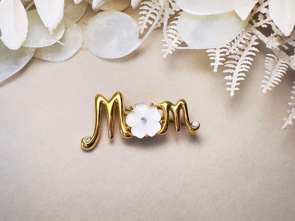 Monet Vintage Gold Brooch, Frosted White Flower Diamond Rhinestone Accents 