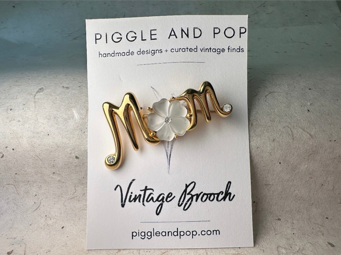 Monet Vintage Gold Brooch, Frosted White Flower Diamond Rhinestone Accents 1