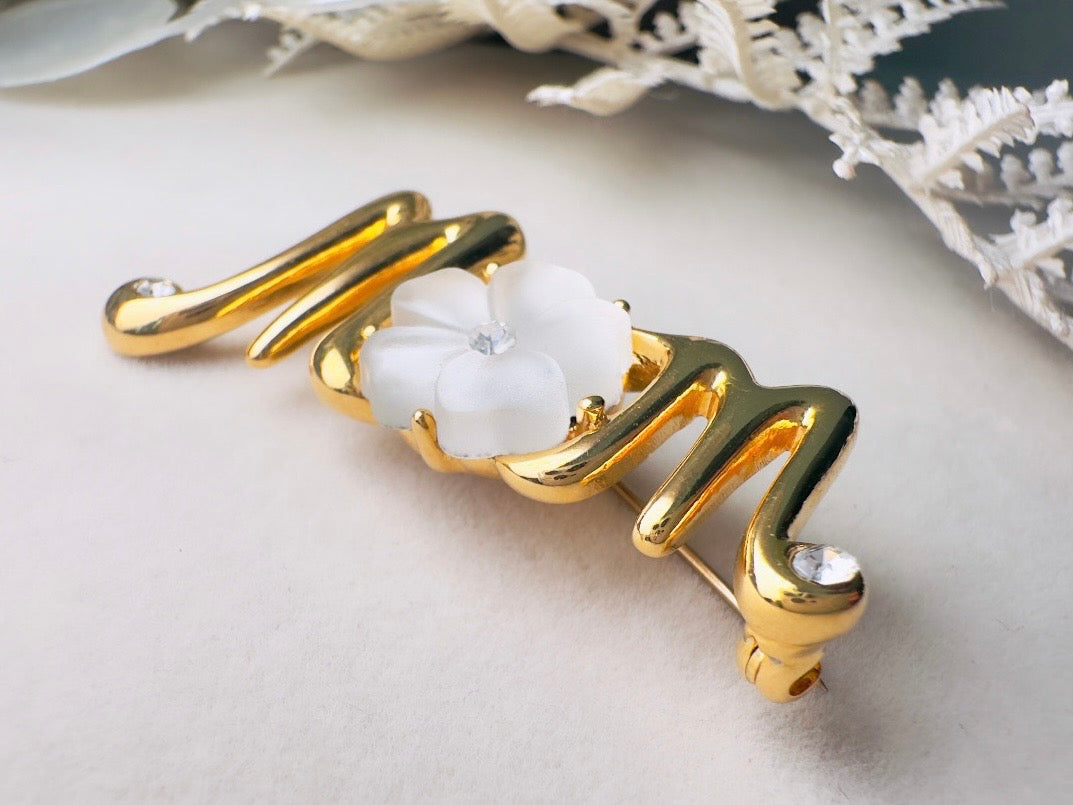 Monet Vintage Gold Brooch, Frosted White Flower Diamond Rhinestone Accents 1