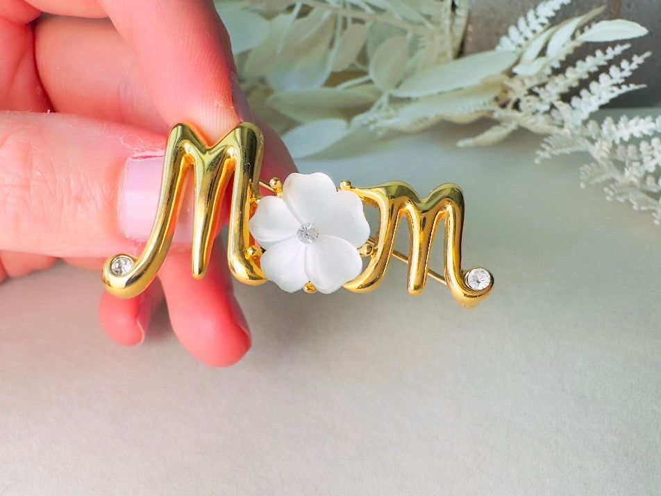 Monet Vintage Gold Brooch, Frosted White Flower Diamond Rhinestone Accents 