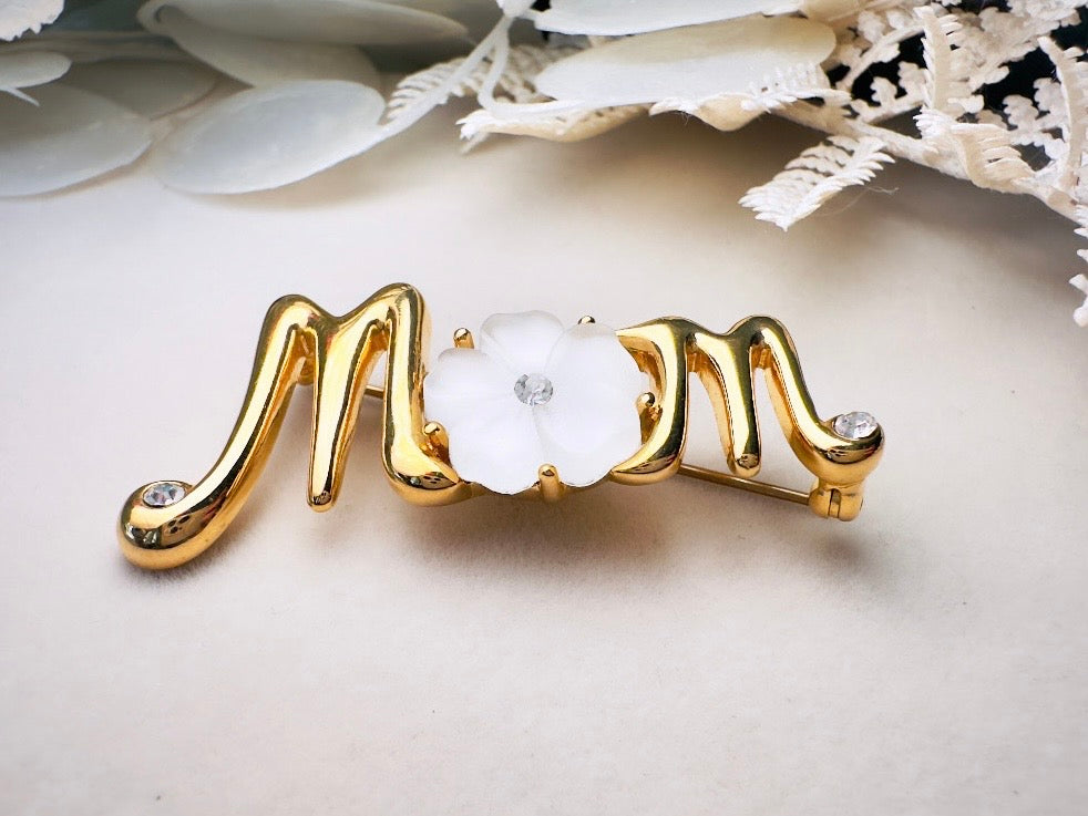 Monet Vintage Gold Brooch, Frosted White Flower Diamond Rhinestone Accents 