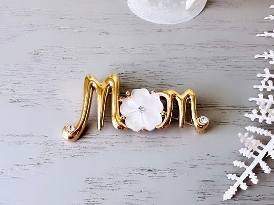 Monet Vintage Gold Mom Brooch, Frosted White Flower Diamond Rhinestone Accents 