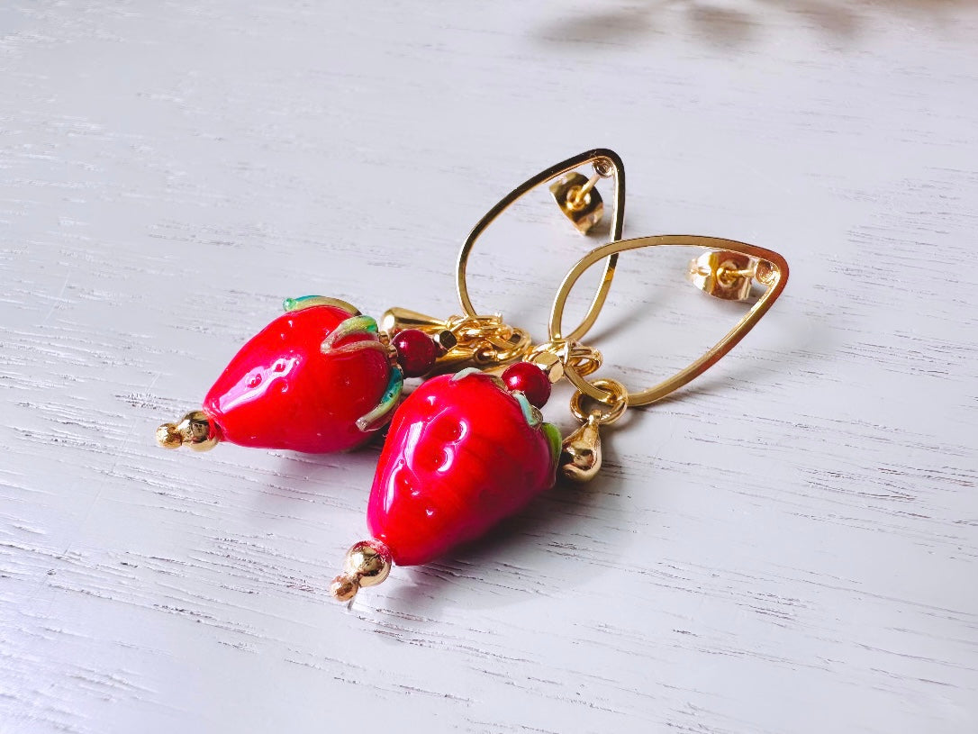 Strawberry Earrings, Original Handmade 24k Gold + Murano Glass Earring, Unique Fruit Charm Earrings, Glass Strawberry Earrings Pink or Red from Piggle and Pop