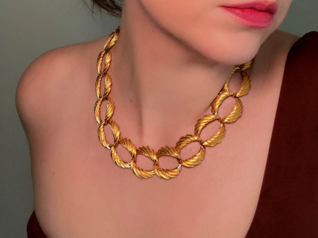 Napier Brushed Gold Textured Chain Necklace, Burnished Gold Designer Necklace worn by Bethan Jayne