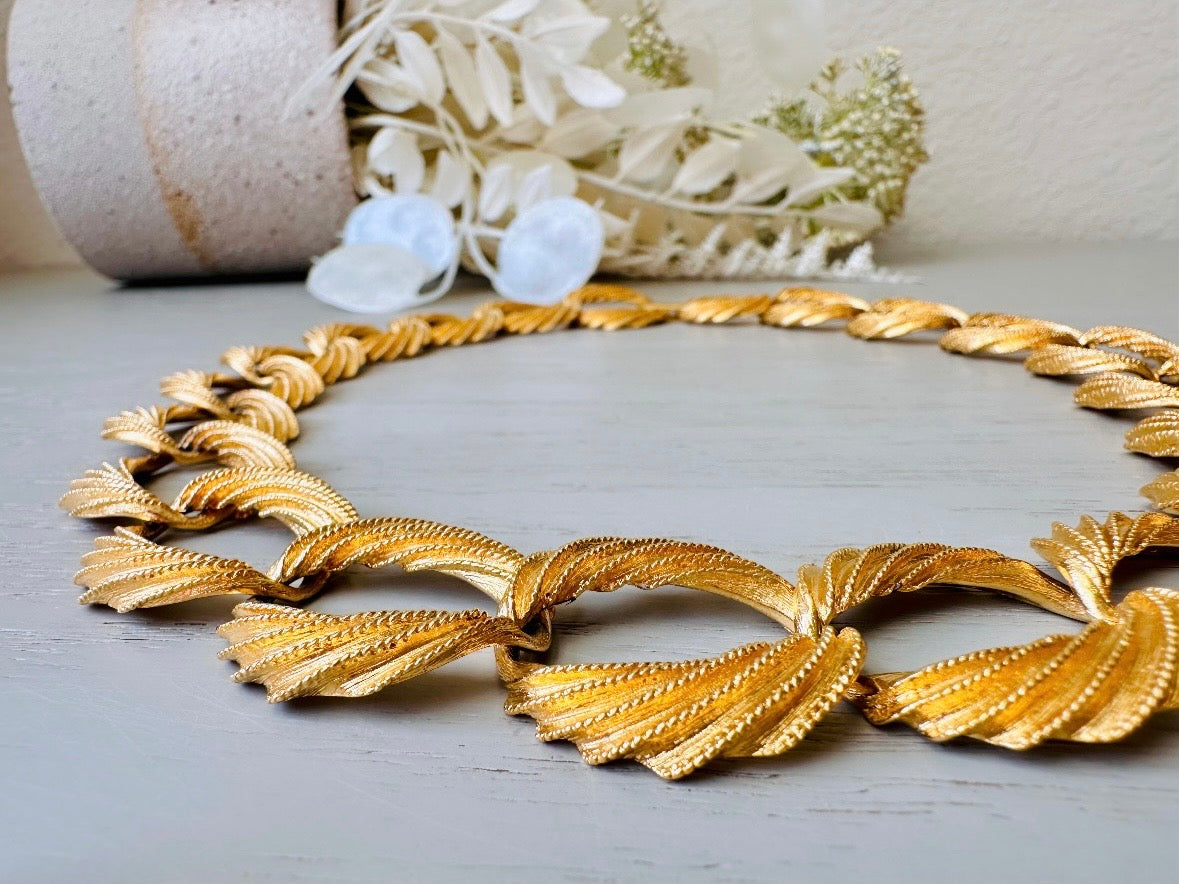 Napier Brushed Gold Textured Chain Necklace, Burnished Gold Designer Necklace side view close up 