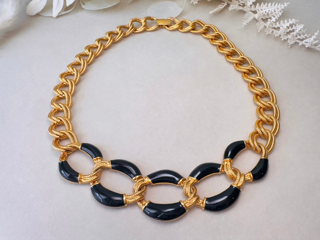Napier Gold Chain Necklace with Black Enamel, Bold Chunky Gold Designer Vintage Necklace