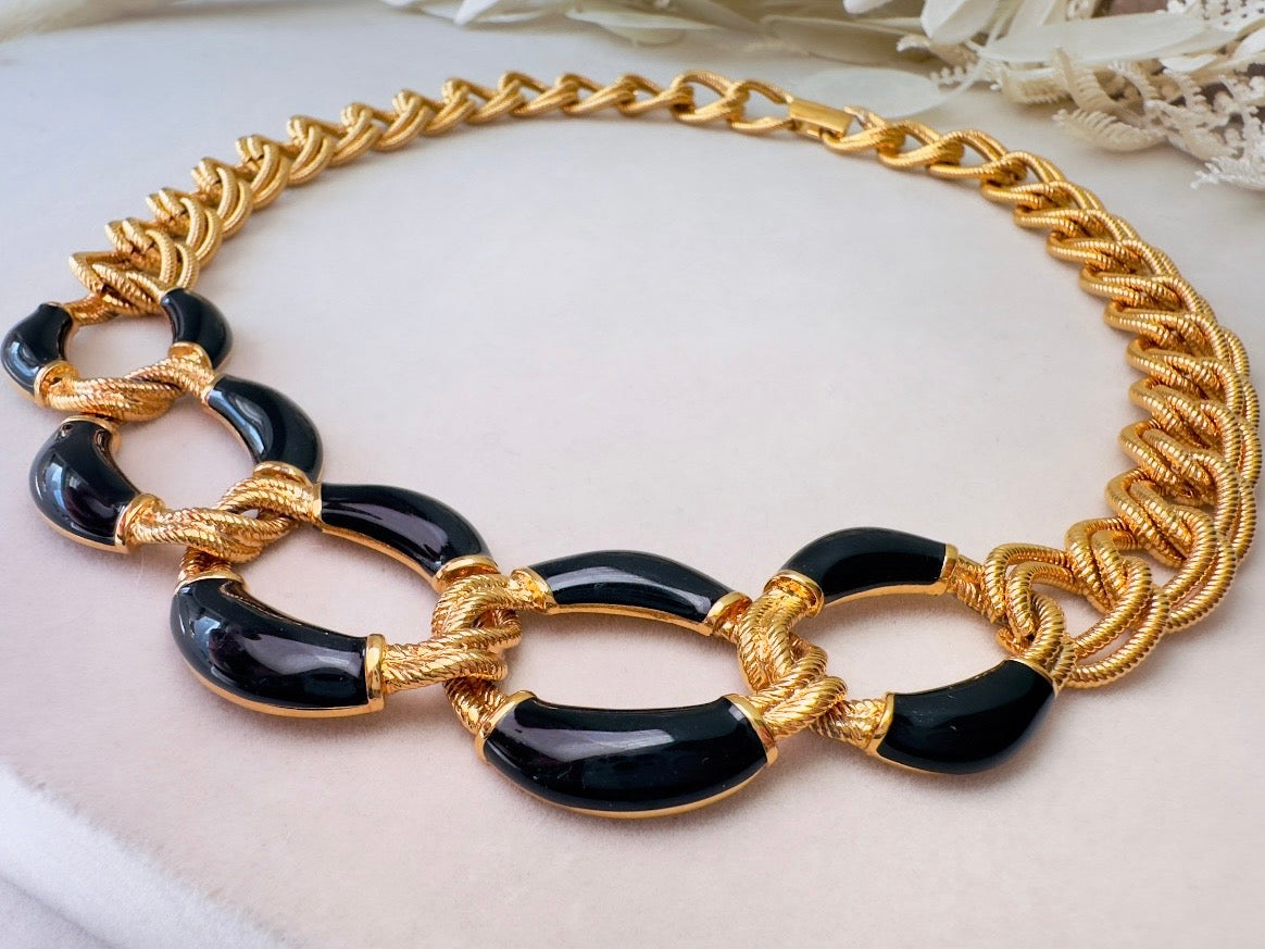 Napier Gold Chain Necklace with Black Enamel, Bold Chunky Gold Designer Vintage Necklace