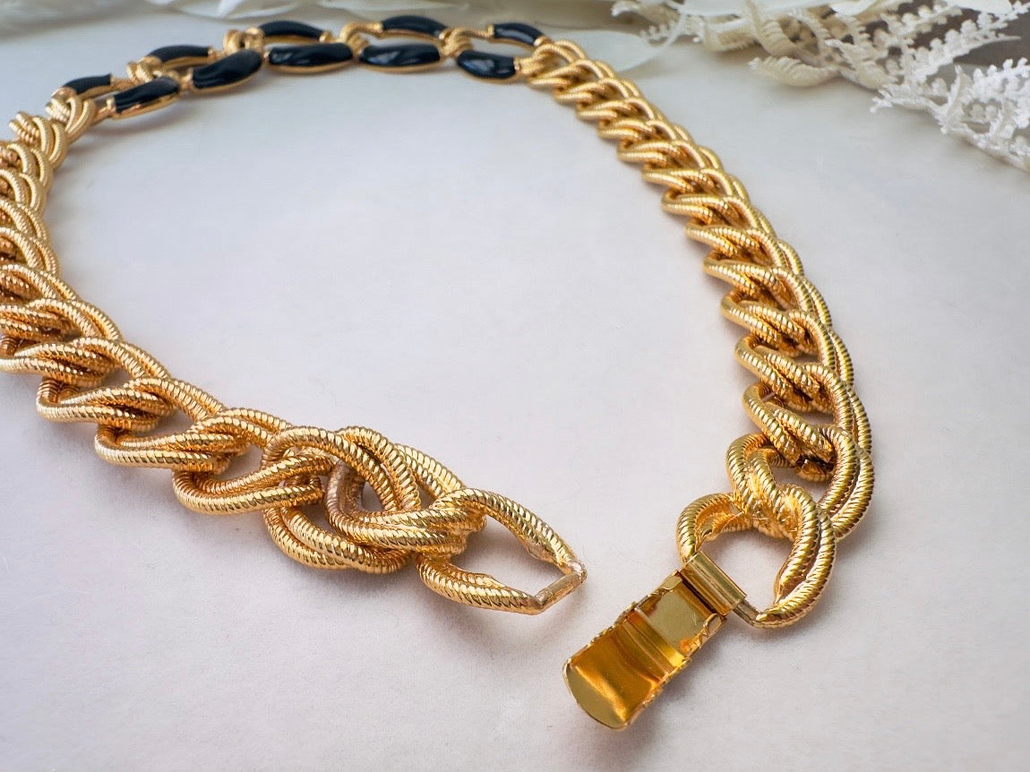 Napier Gold Chain Necklace with Black Enamel, Bold Chunky Gold Designer Vintage Necklace