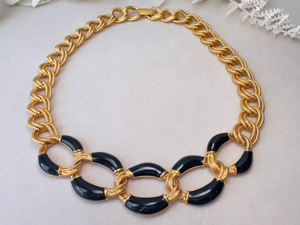 Napier Gold Chain Necklace with Black Enamel, Bold Chunky Gold Designer Vintage Necklace