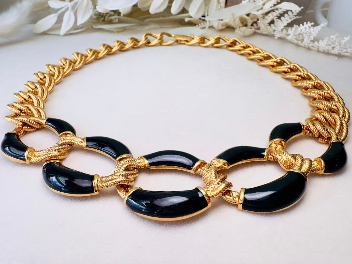 Napier Gold Chain Necklace with Black Enamel, Bold Chunky Gold Designer Vintage Necklace