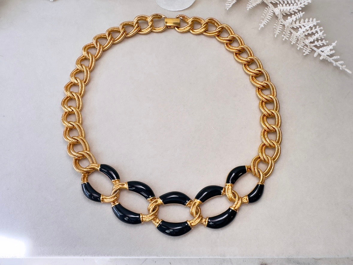 Napier Gold Chain Necklace with Black Enamel, Bold Chunky Gold Designer Vintage Necklace