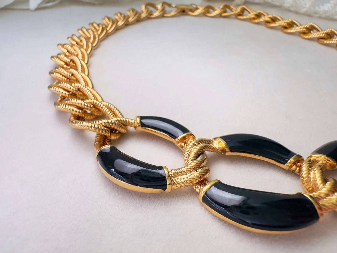Napier Gold Chain Necklace with Black Enamel, Bold Chunky Gold Designer Vintage Necklace