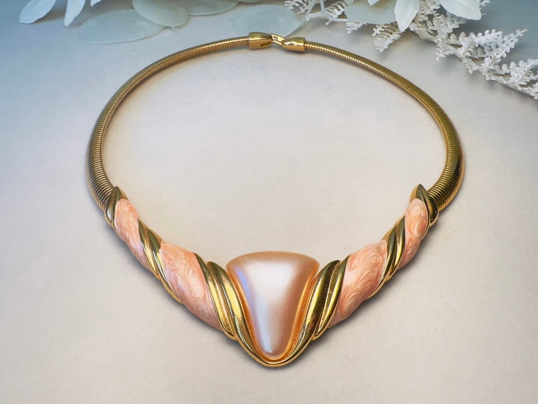 Napier Omega Necklace, Vintage 80s Gold and Peach Enamel Choker Necklace
