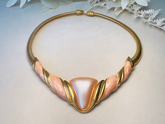 Napier Omega Necklace, Vintage 80s Gold and Peach Enamel Choker Necklace