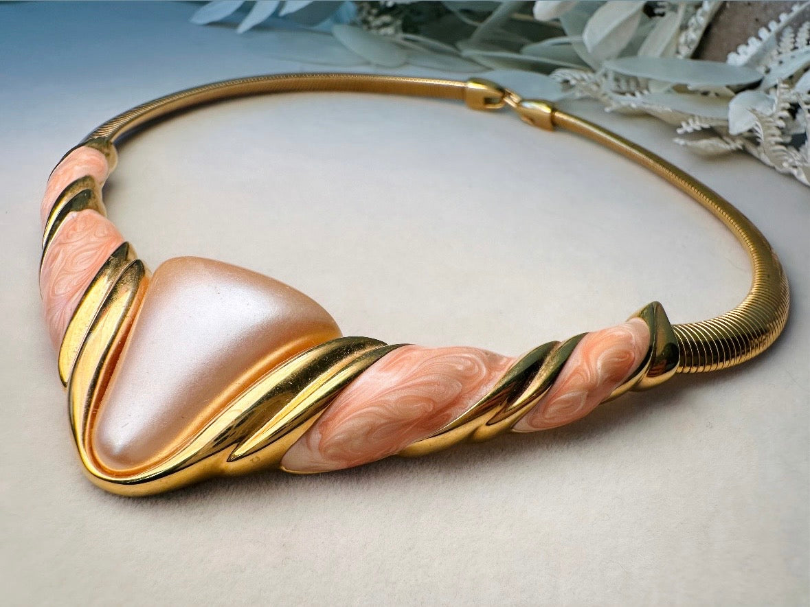 Napier Omega Necklace, Vintage 80s Gold and Peach Enamel Choker Necklace