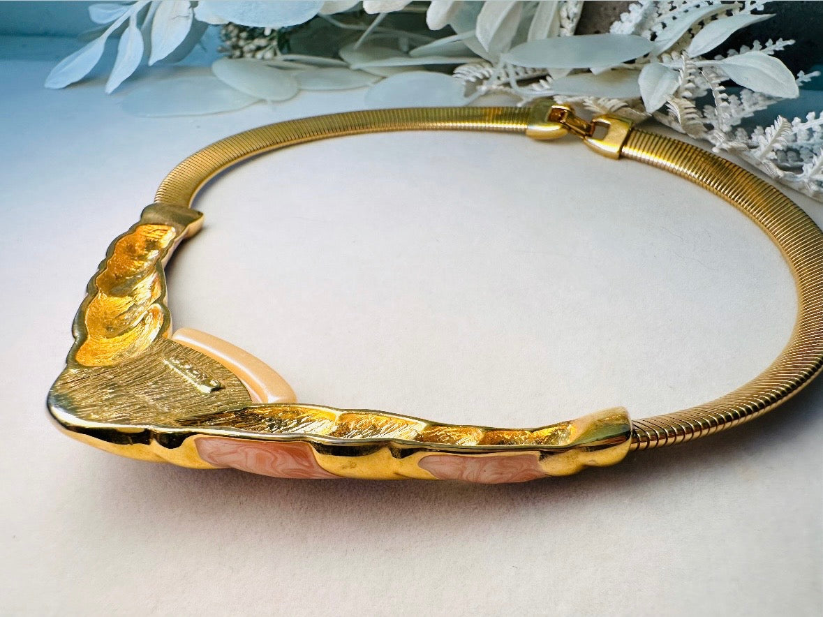 Napier Omega Necklace, Vintage 80s Gold and Peach Enamel Choker Necklace