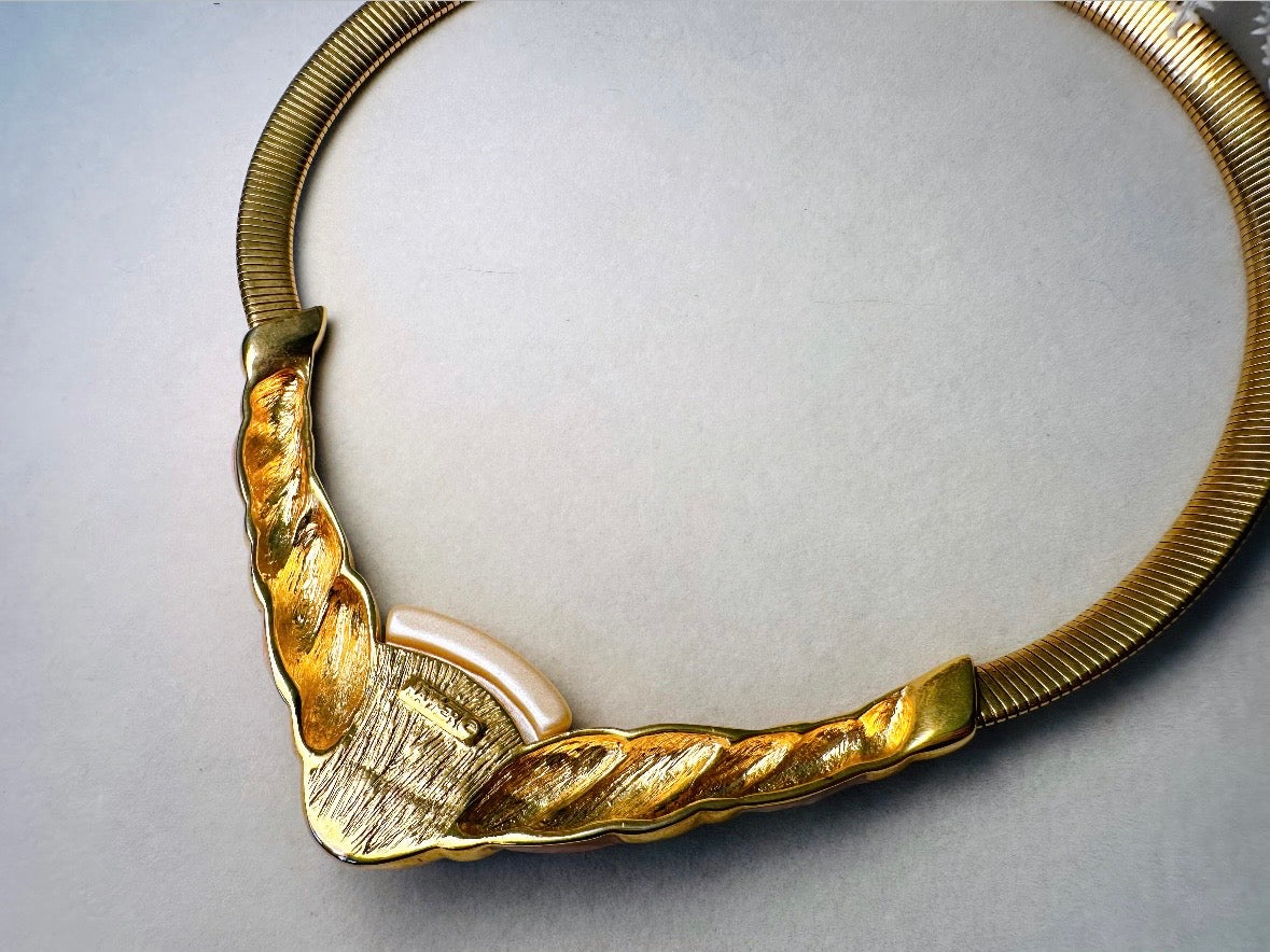 Napier Omega Necklace, Vintage 80s Gold and Peach Enamel Choker Necklace