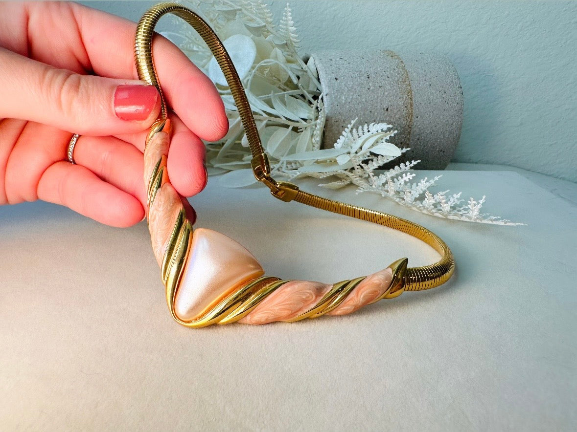 Napier Omega Necklace, Vintage 80s Gold and Peach Enamel Choker Necklace