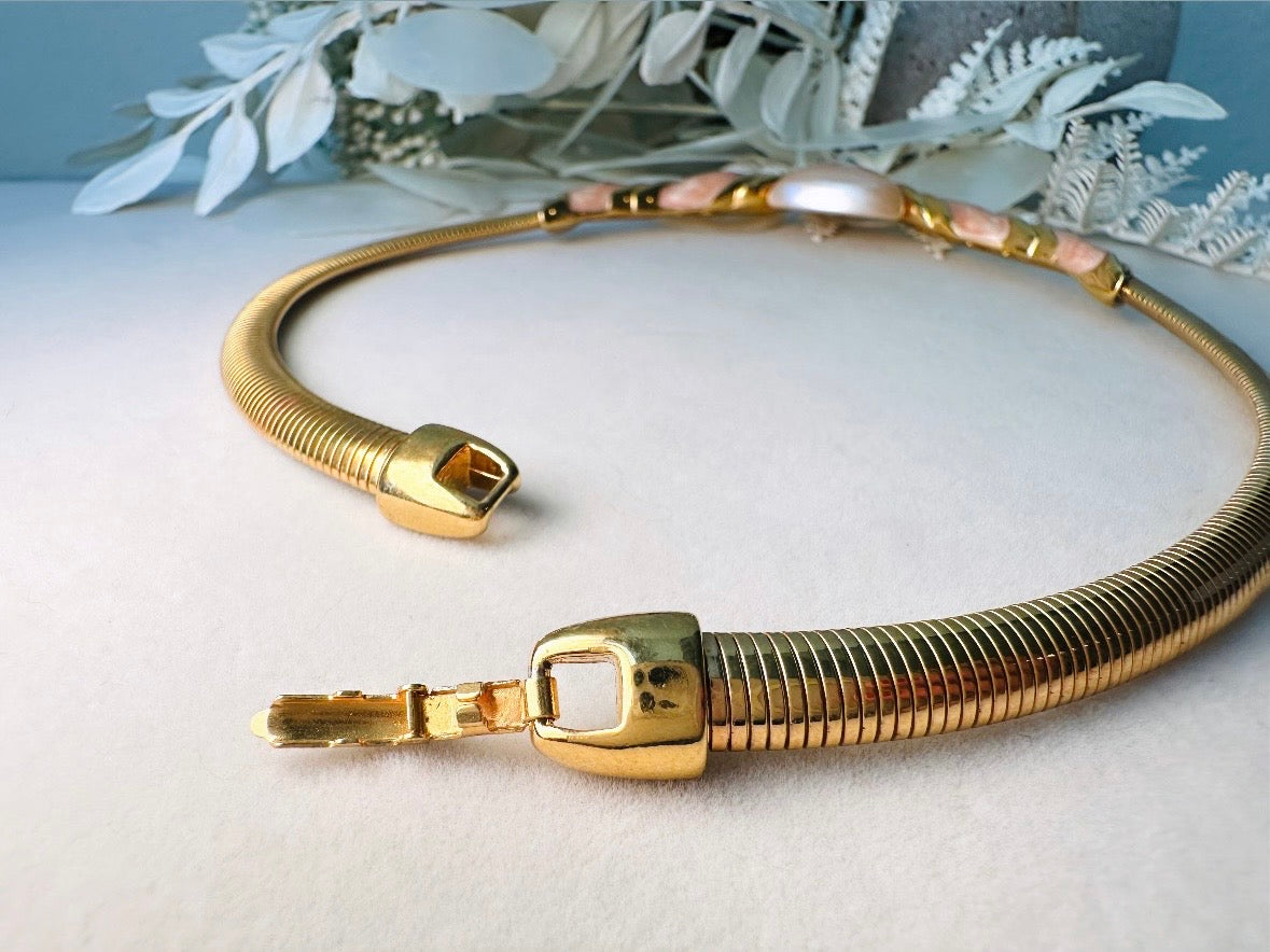 Napier Omega Necklace, Vintage 80s Gold and Peach Enamel Choker Necklace