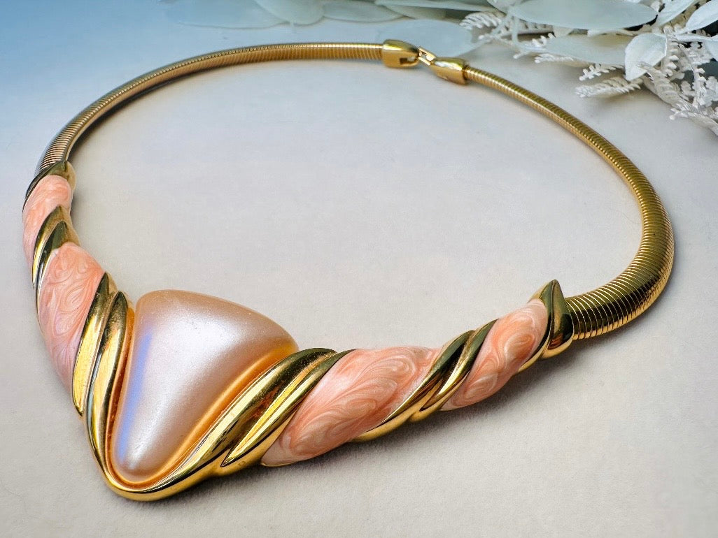 Napier Omega Necklace, Vintage 80s Gold and Peach Enamel Choker Necklace