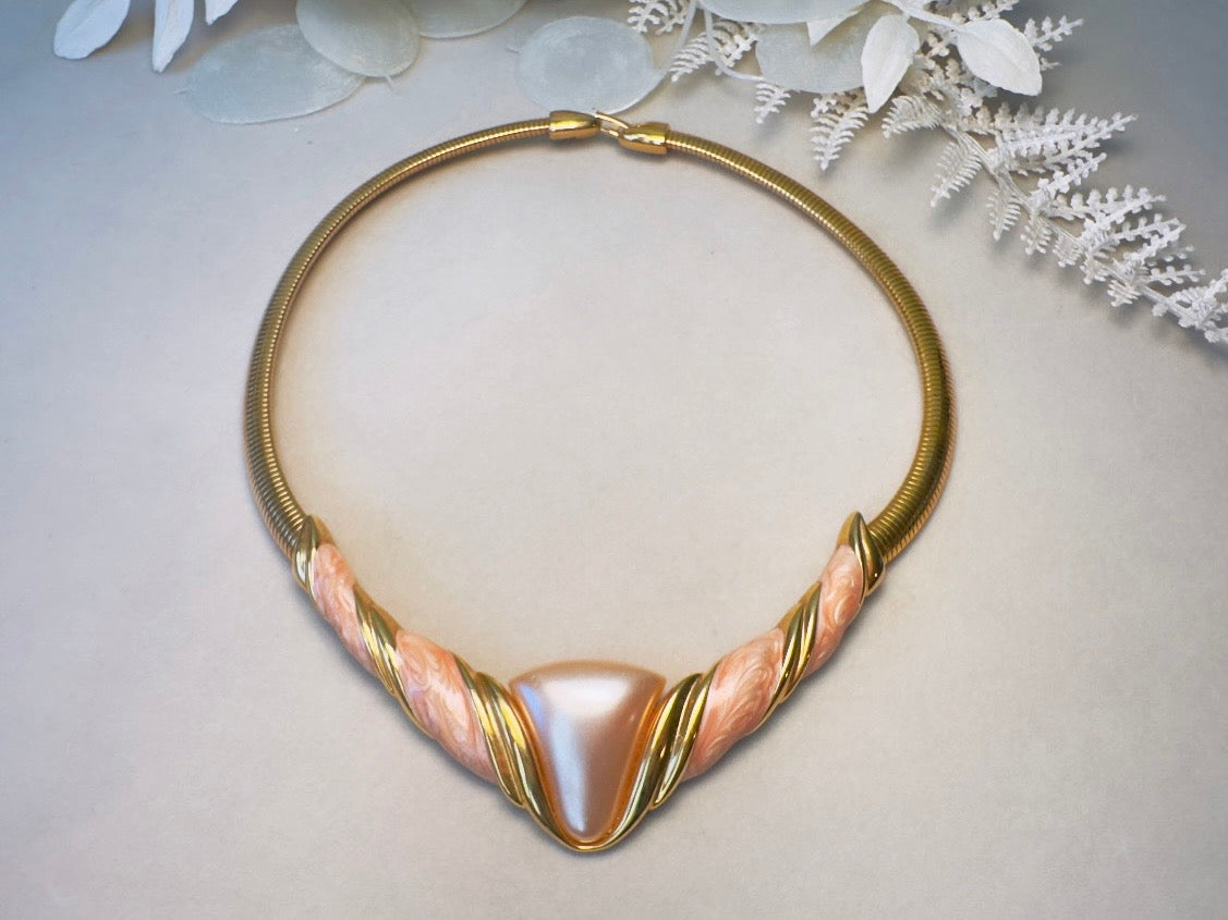 Napier Omega Necklace, Vintage 80s Gold and Peach Enamel Choker Necklace
