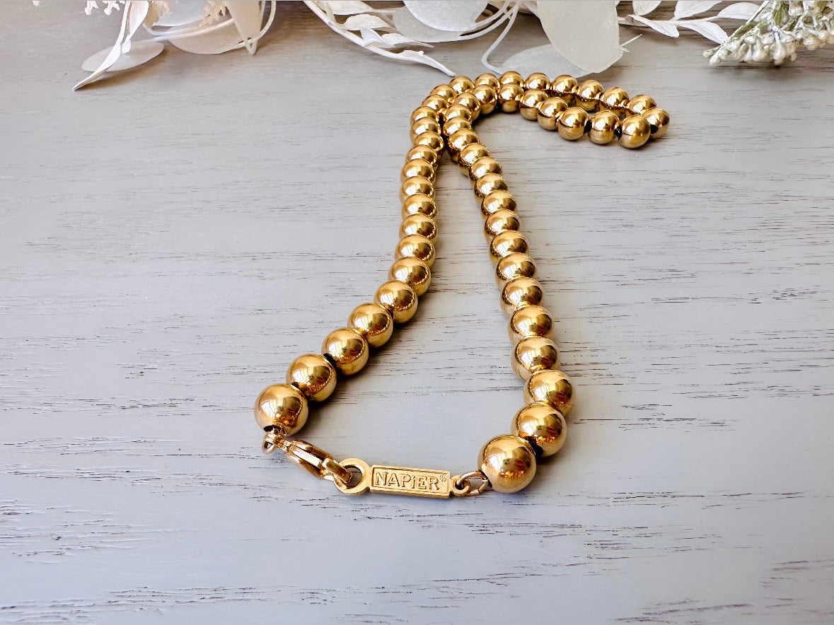 Signed Hang tag and clasp on Napier Shiny Gold Ball Chain Choker Vintage Designer Necklace