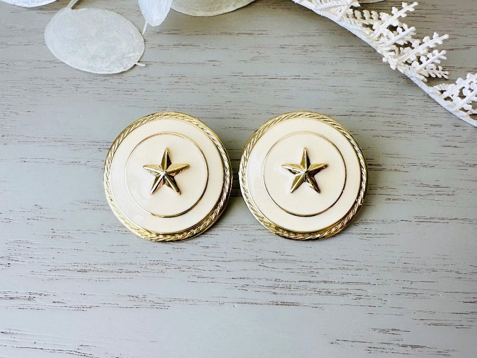 Nautical Gold Star Earrings, Cream Vintage 1980s Post Earrings