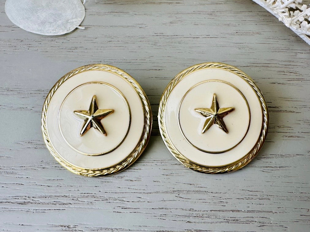 Nautical Gold Star Earrings, Cream Vintage 1980s Post Earrings close up