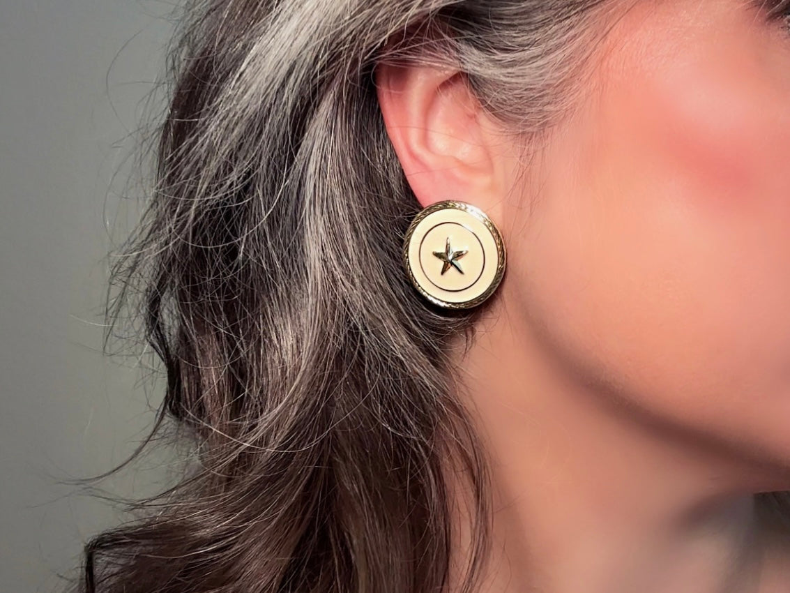 Nautical Gold Star Earrings, Cream Vintage 1980s Post Earrings modelled 