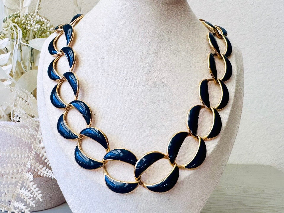 Navy Enamel Chain Napier Necklace on bust