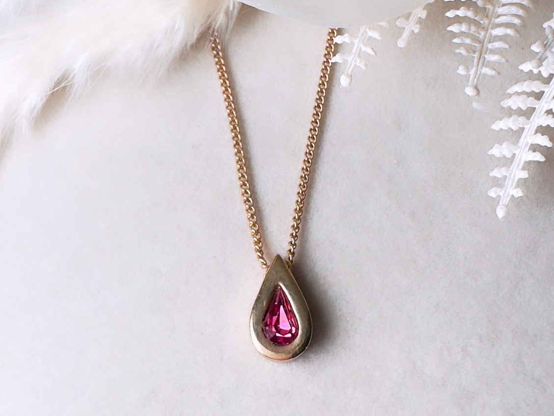 October Birthstone Necklace, Vintage Austrian Crystal Pink Tourmaline Teardrop Pendant on Fine Gold Chain