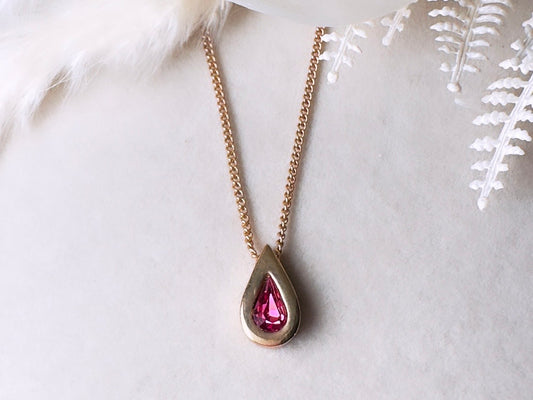 October Birthstone Necklace, Vintage Austrian Crystal Pink Tourmaline Teardrop Pendant on Fine Gold Chain