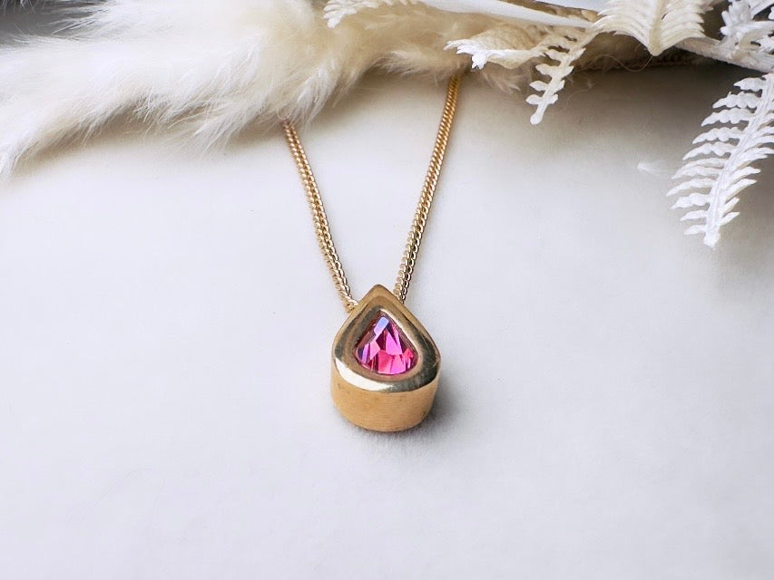 October Birthstone Necklace, Vintage Austrian Crystal Pink Tourmaline Teardrop Pendant on Fine Gold Chain