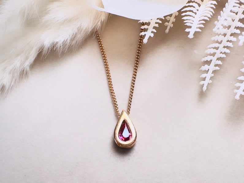 October Birthstone Necklace, Vintage Austrian Crystal Pink Tourmaline Teardrop Pendant on Fine Gold Chain