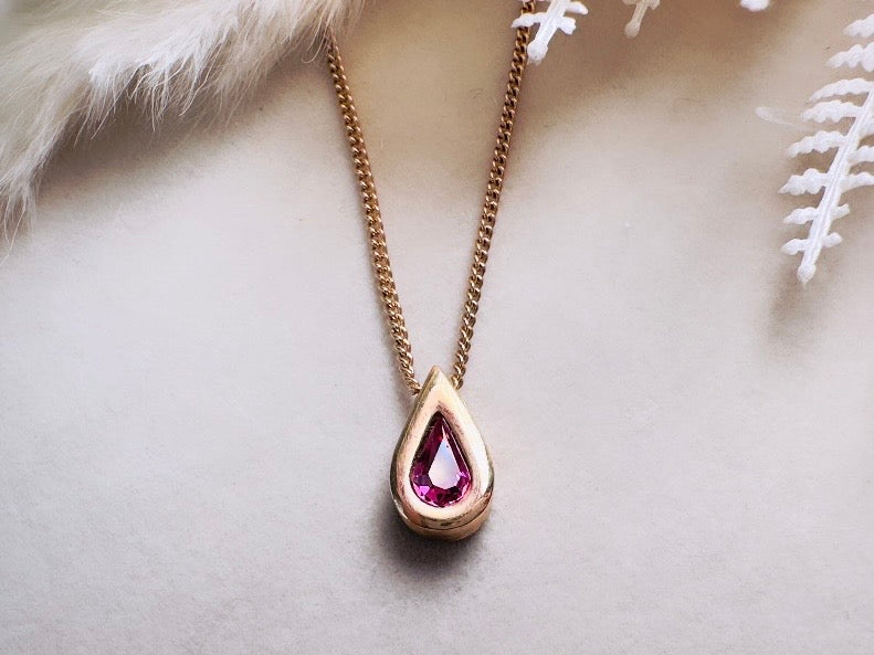 October Birthstone Necklace, Vintage Austrian Crystal Pink Tourmaline Teardrop Pendant on Fine Gold Chain