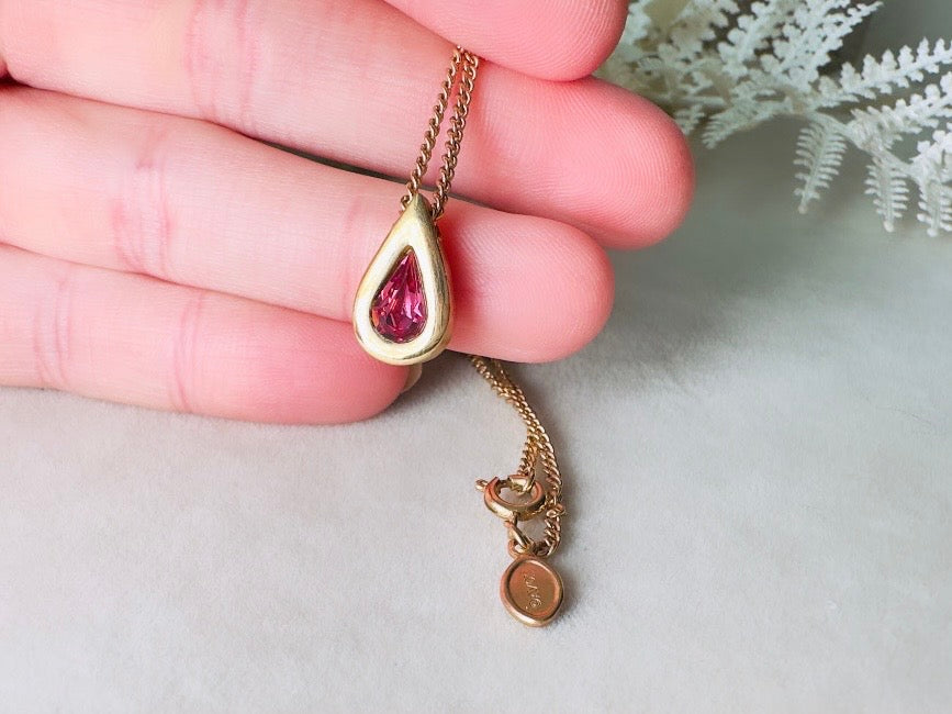 October Birthstone Necklace, Vintage Austrian Crystal Pink Tourmaline Teardrop Pendant on Fine Gold Chain