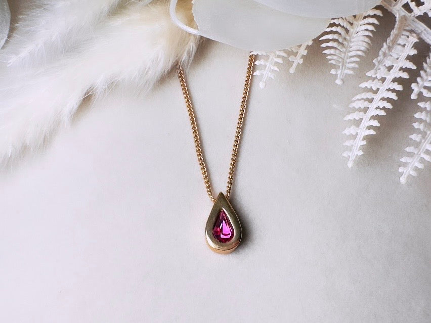 October Birthstone Necklace, Vintage Austrian Crystal Pink Tourmaline Teardrop Pendant on Fine Gold Chain