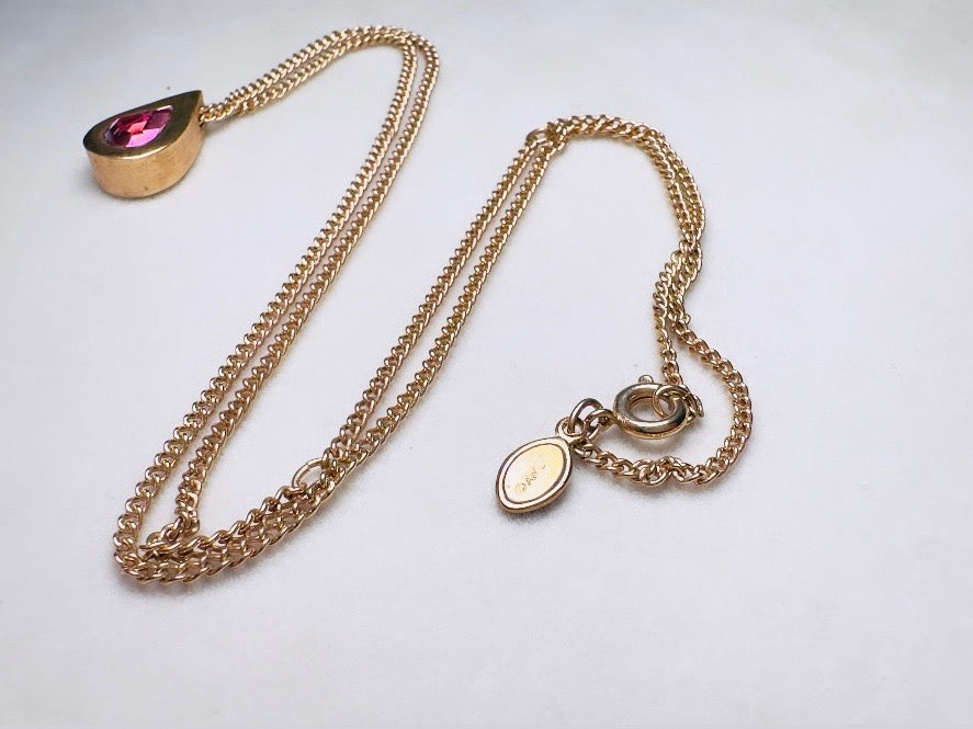 October Birthstone Necklace, Vintage Austrian Crystal Pink Tourmaline Teardrop Pendant on Fine Gold Chain