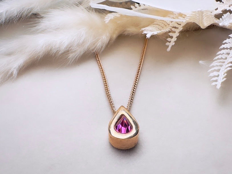 October Birthstone Necklace, Vintage Austrian Crystal Pink Tourmaline Teardrop Pendant on Fine Gold Chain
