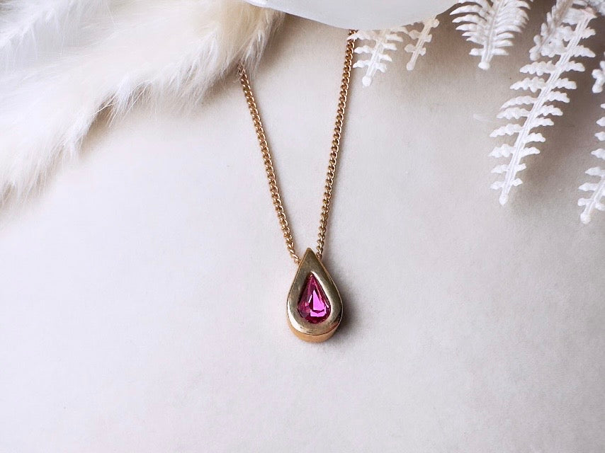 October Birthstone Necklace, Vintage Austrian Crystal Pink Tourmaline Teardrop Pendant on Fine Gold Chain